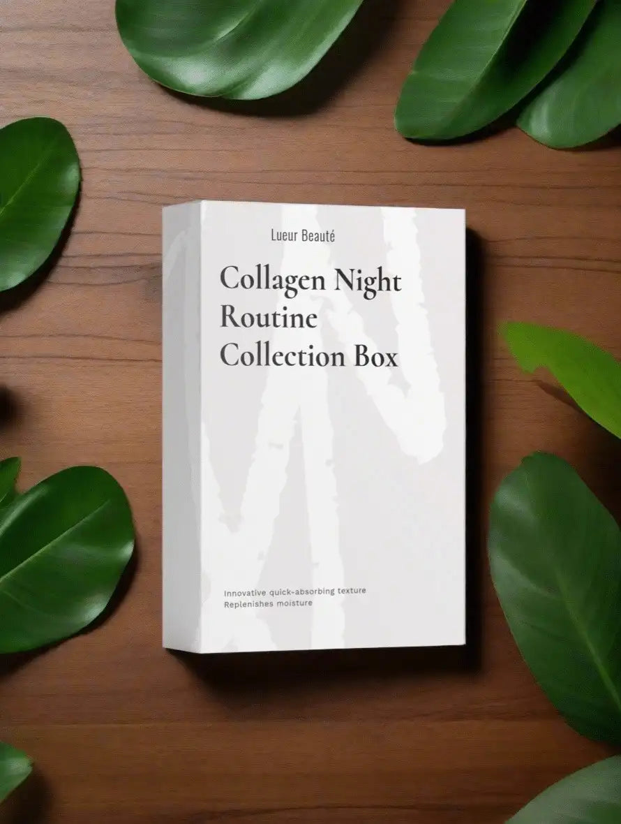 Lueur Beauté Collagen Night Routine Collection Box on wooden background with green leaves