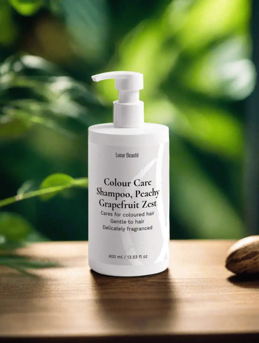 Lueur Beauté Colour Care Shampoo on wooden surface with soft green forest background, natural haircare product