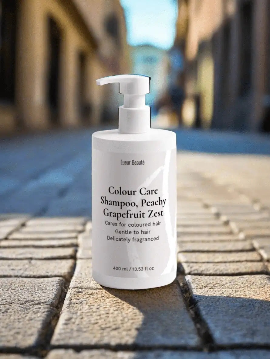 Lueur Beauté Colour Care Shampoo Peachy Grapefruit Zest bottle standing on cobblestone street with soft blurred city background