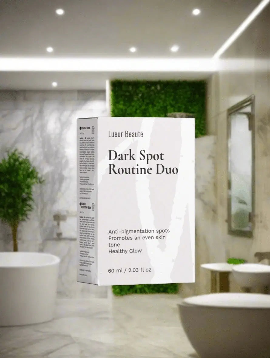 Lueur Beaute Dark Spot Routine Duo packaging in a bathroom setting