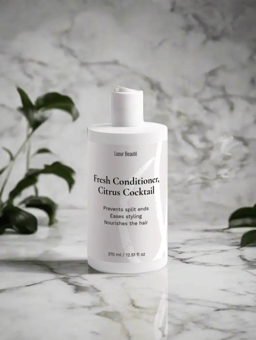 Lueur Beauté Fresh Conditioner Citrus Cocktail standing on marble surface with soft botanical background
