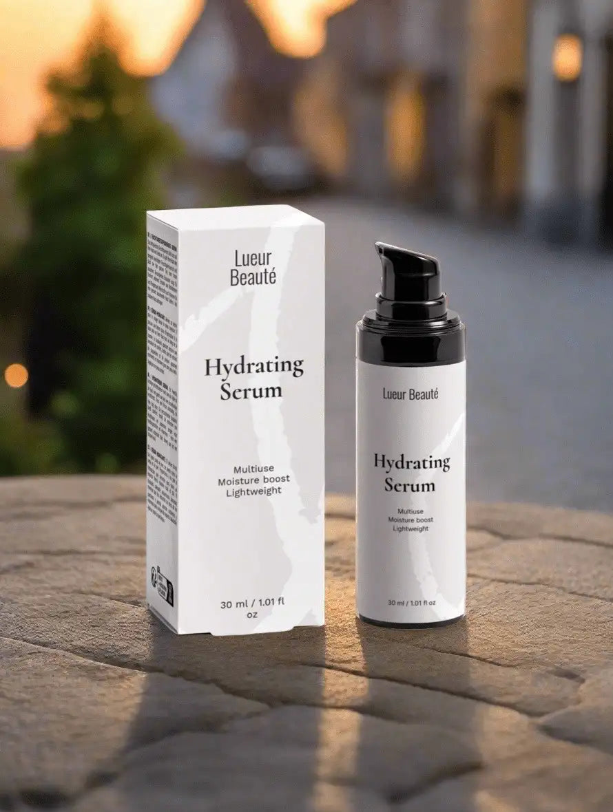 Lueur Beauté Hydrating Serum and box on textured stone surface at sunset, premium product photography