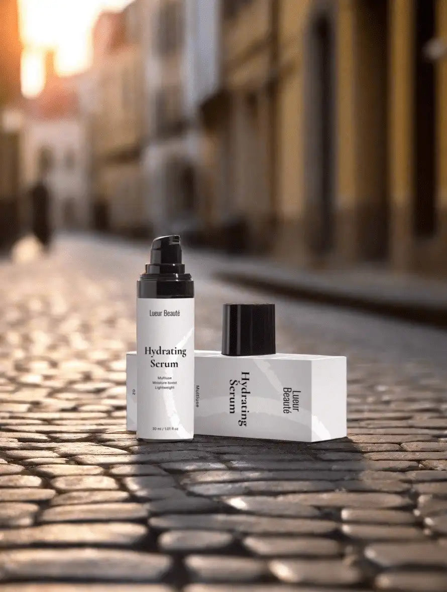Lueur Beauté Hydrating Serum with box on cobblestone street at sunset, premium skincare product photo
