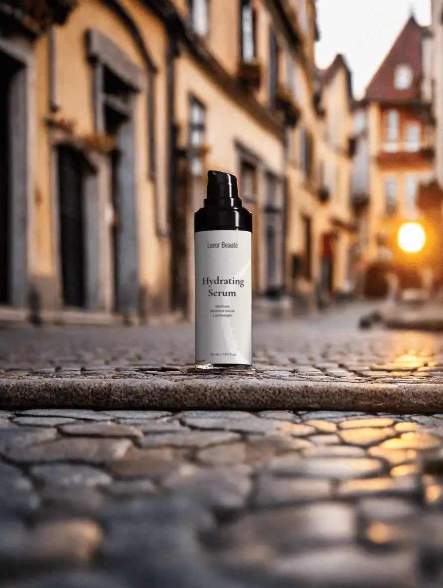 Lueur Beauté Hydrating Serum placed on a cobblestone street during sunset, premium skincare product photography