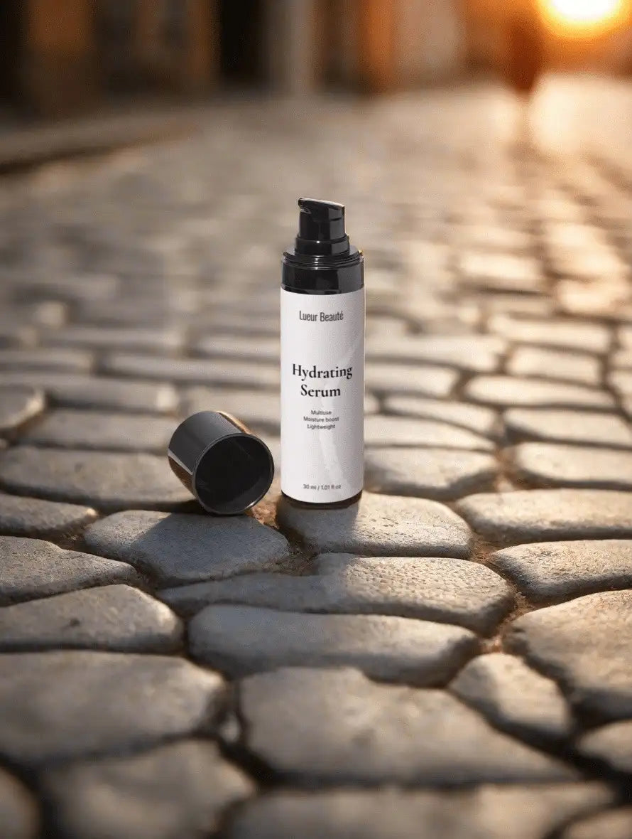 Lueur Beauté Hydrating Serum with open cap on cobblestone street at sunset, premium skincare product photo