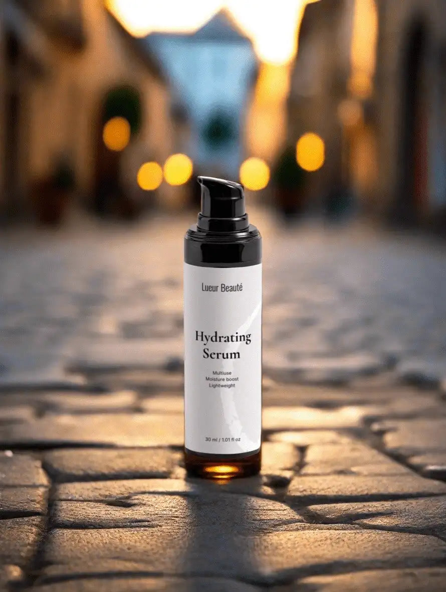Lueur Beauté Hydrating Serum standing on cobblestone street at sunset with warm blurred lights in background