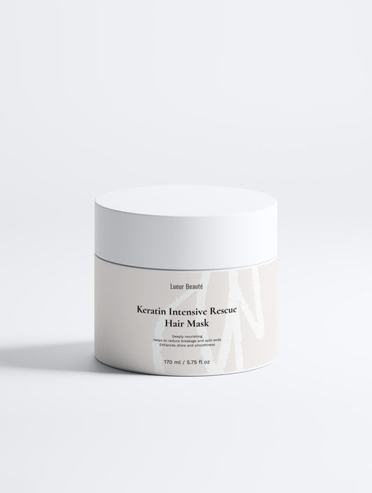 Lueur Beauté Keratin Intensive Rescue Hair Mask 170ml jar on white background
