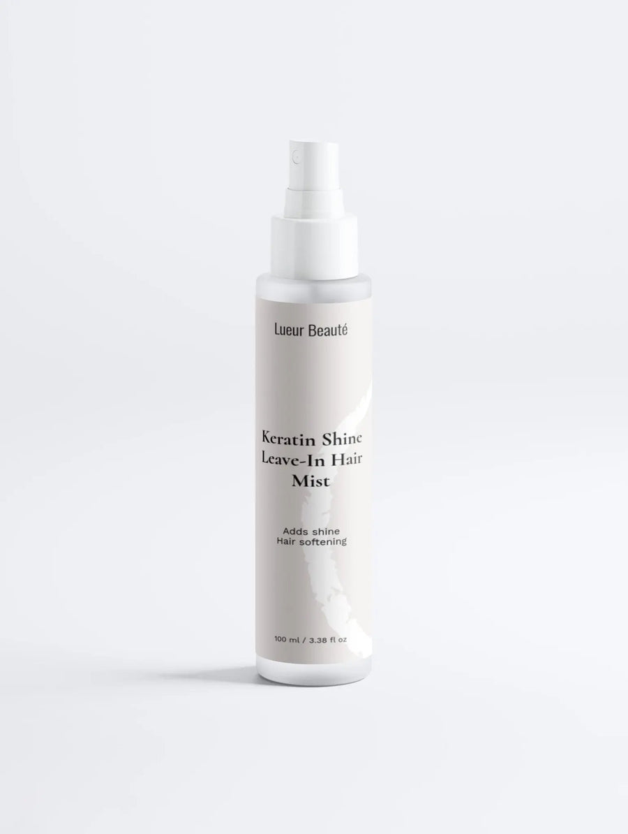 Front view of the Lueur Beauté Keratin Shine Leave-In Hair Mist bottle on a clean white background.