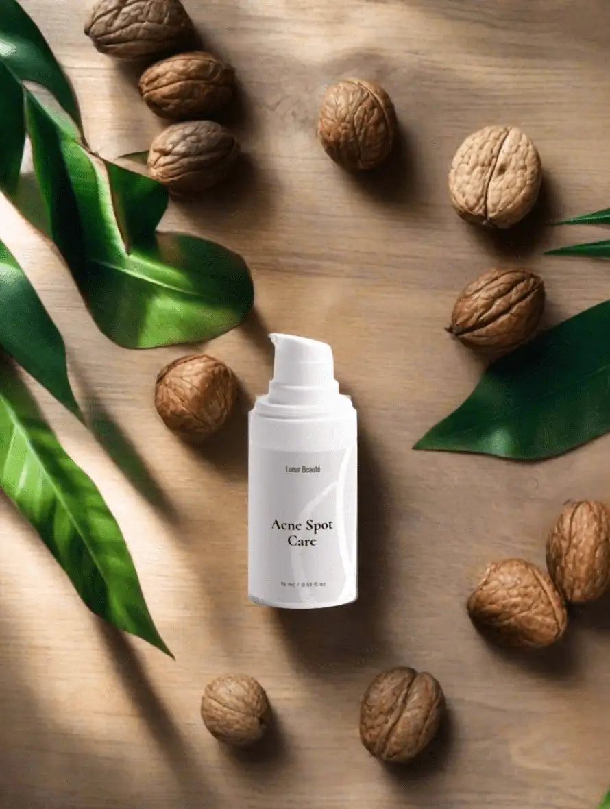 Lueur Beauté Acne Spot Care serum on wooden background with walnuts and green leaves – natural acne treatment product