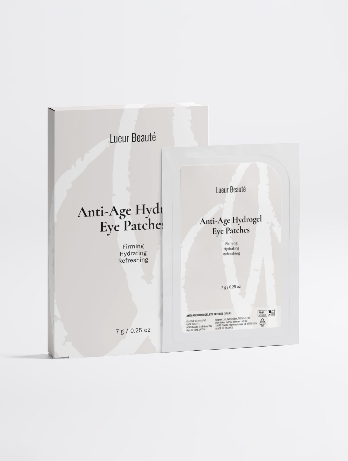 Lueur Beauté Anti-Age Hydrogel Eye Patches box with single hydrogel eye patch sachet