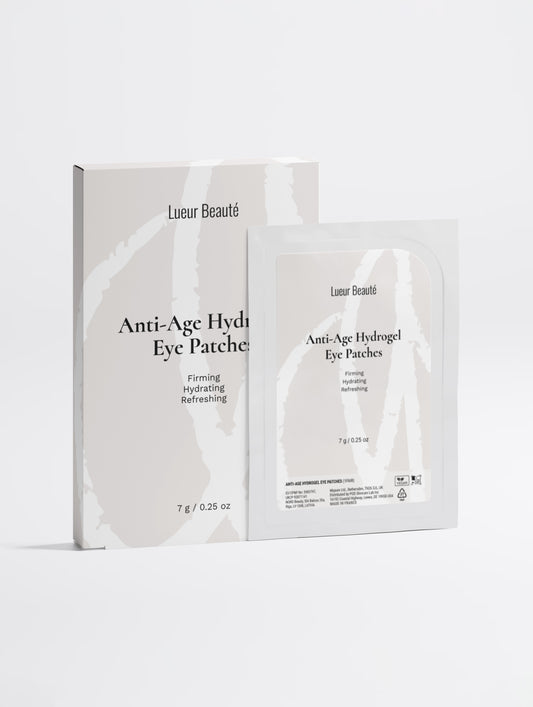 Lueur Beauté Anti-Age Hydrogel Eye Patches box with single hydrogel eye patch sachet