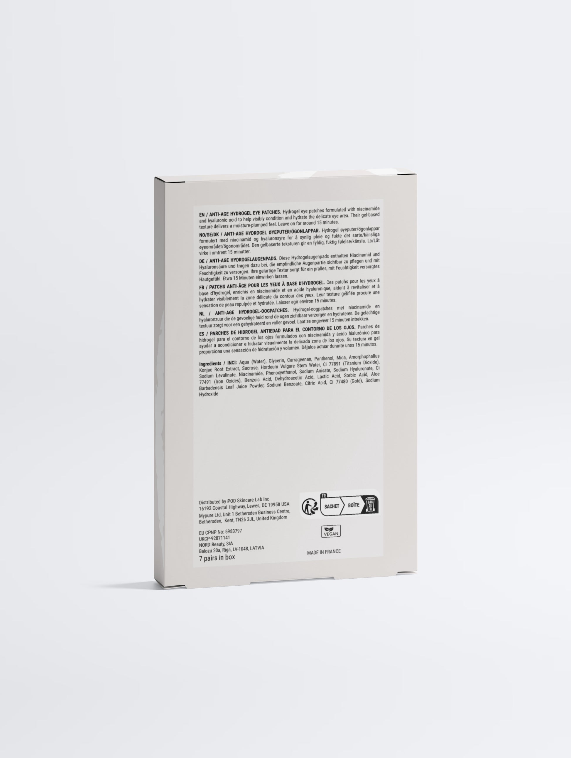 Lueur Beauté Anti-Age Hydrogel Eye Patches box back showing ingredients and product information