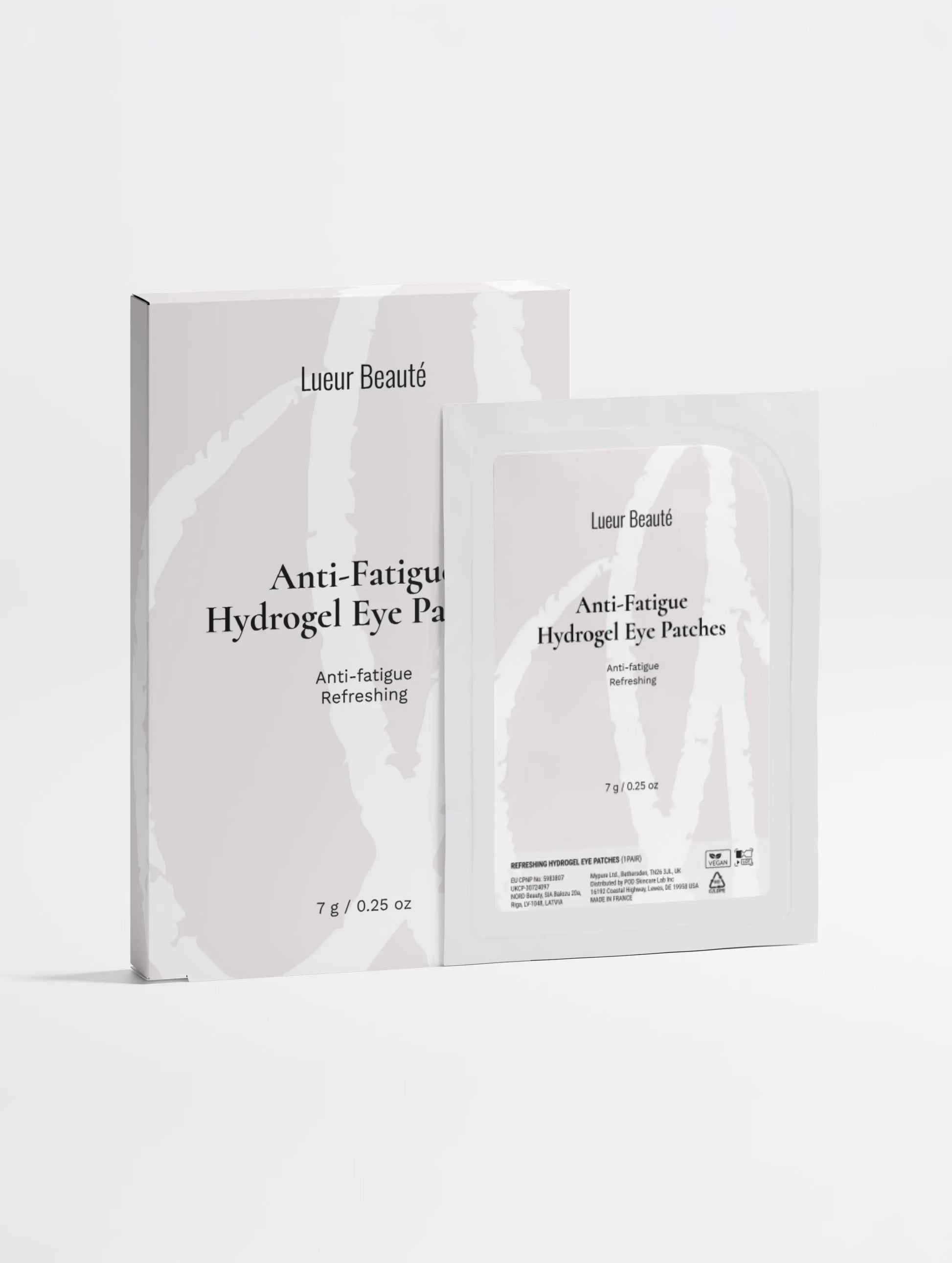 Lueur Beauté Anti-Fatigue Hydrogel Eye Patches box and individual patch sachet
