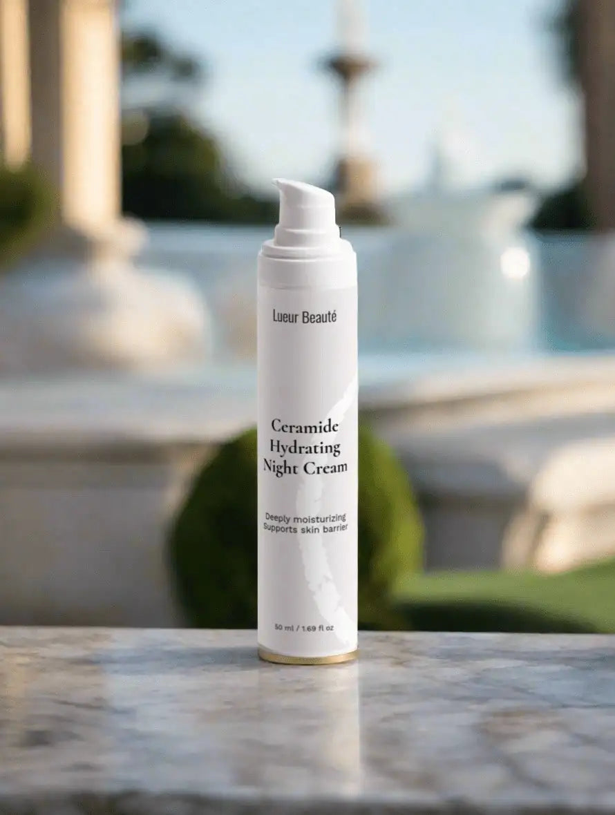 Lueur Beauté Ceramide Hydrating Night Cream on marble surface with soft luxury background – deeply moisturizing night cream