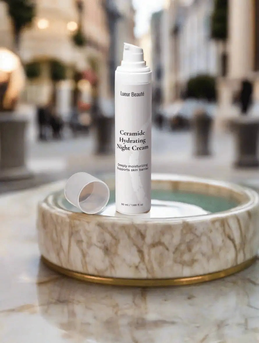 Lueur Beauté Ceramide Hydrating Night Cream on marble fountain with luxury city background – deeply moisturizing night cream