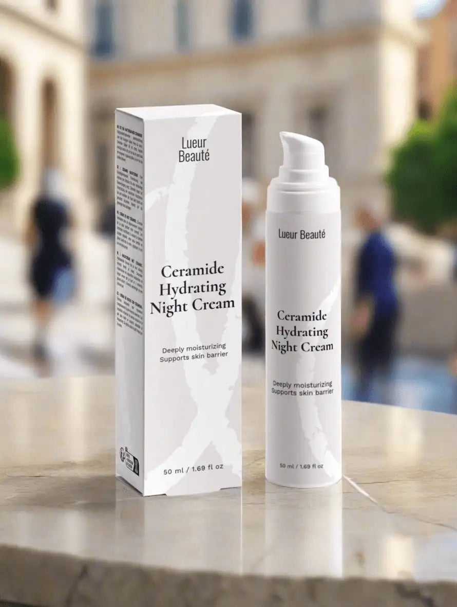 Lueur Beauté Ceramide Hydrating Night Cream with product box on marble surface – deeply moisturizing night cream