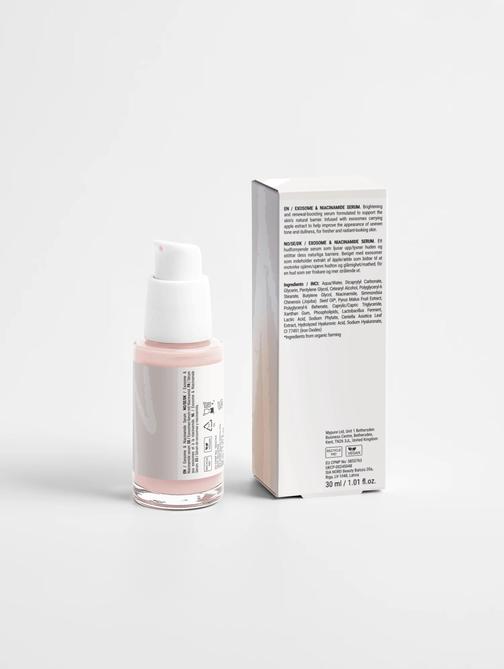 Lueur Beauté Exosome & Niacinamide Serum 30 ml with back of product packaging