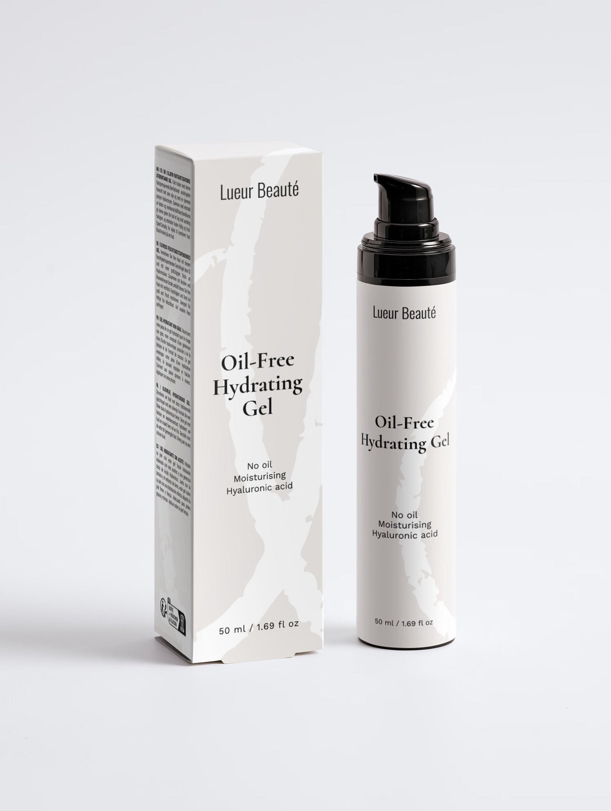 Lueur Beauté Oil-Free Hydrating Gel 50 ml pump bottle beside its box, shown from the front on a light grey background.