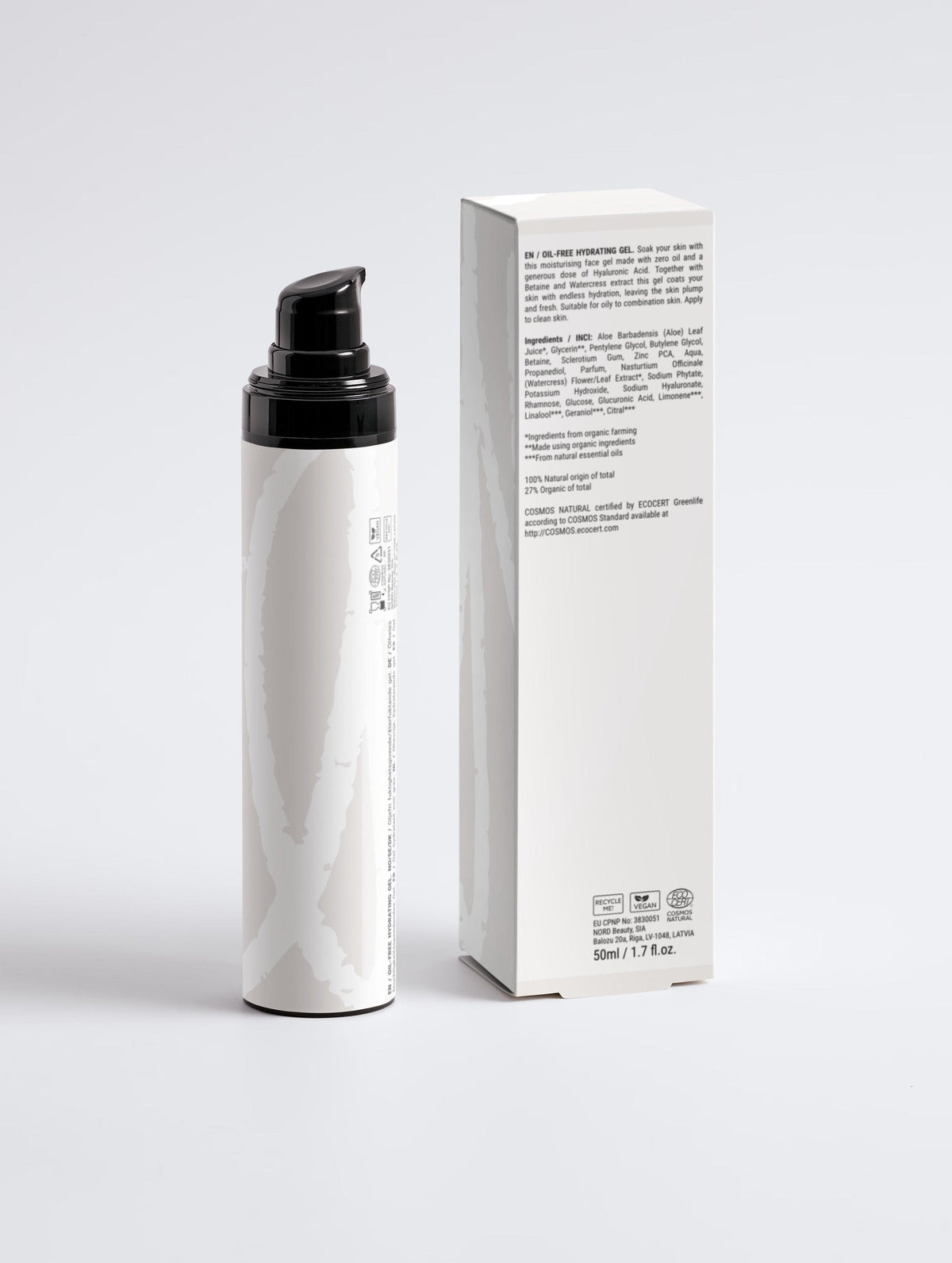 Back view of the Lueur Beauté Oil-Free Hydrating Gel pump bottle and box, showing the ingredient list and product information.