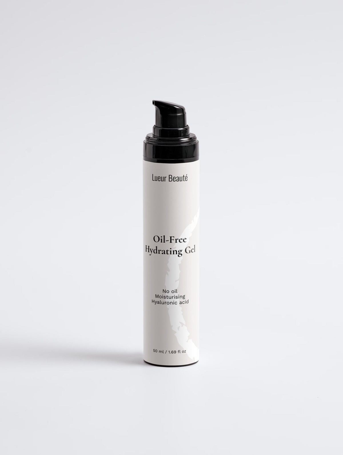Lueur Beauté Oil-Free Hydrating Gel 50 ml bottle with a black pump and white label on a light grey background.
