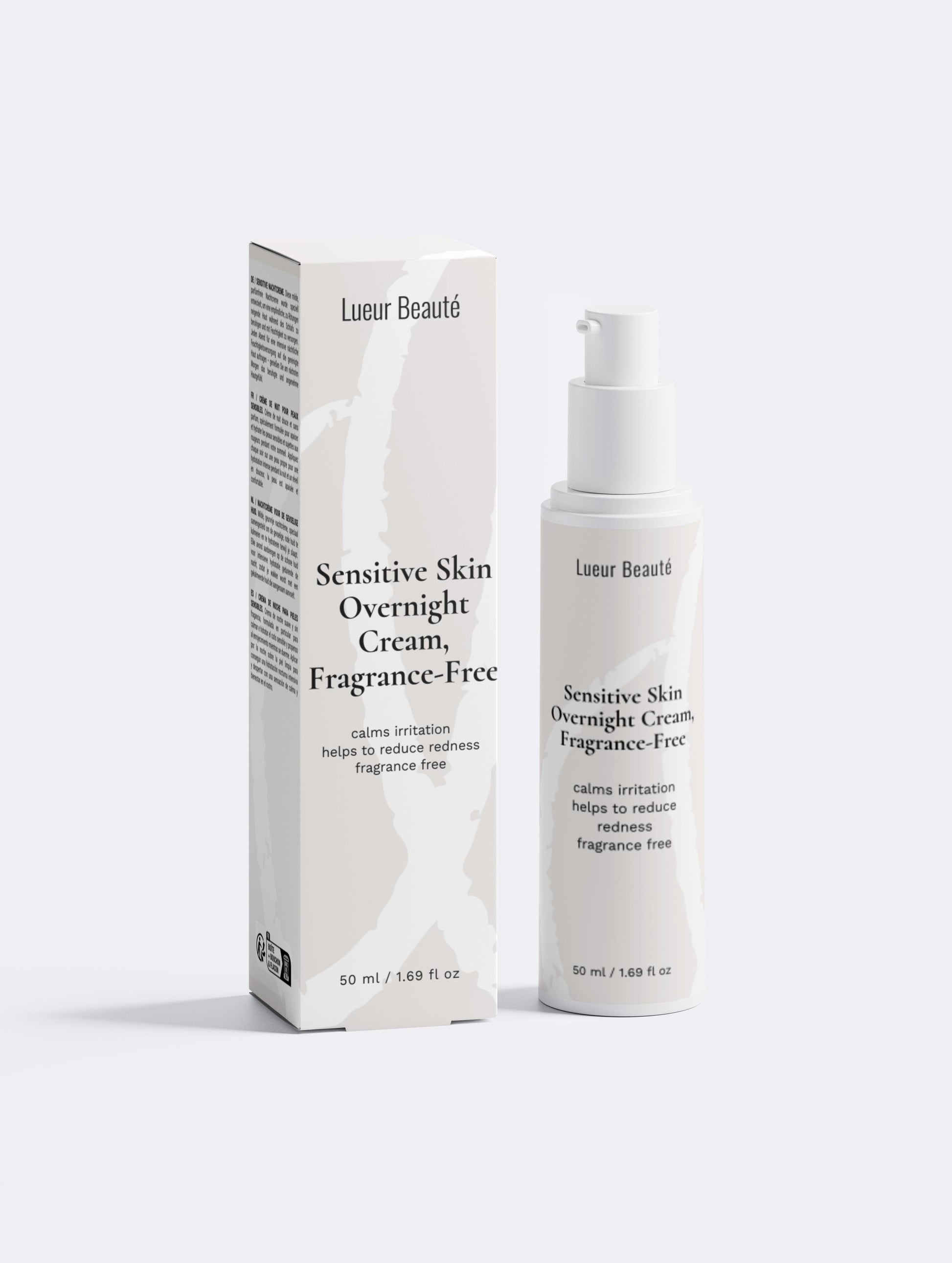Lueur Beaute Sensitive Skin Overnight Cream fragrance-free with packaging hydrating night cream for sensitive skin