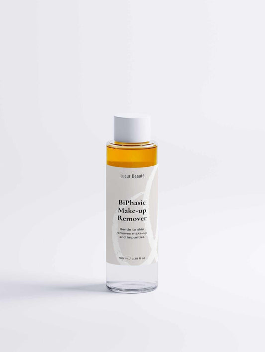 BiPhasic Make-up Remover bottle with a white label on a light gray background