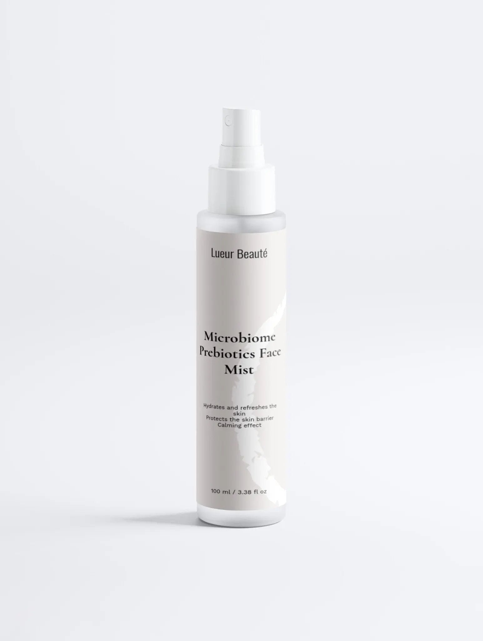 Lueur Beauté Microbiome Prebiotics Face Mist bottle standing on a clean white background, minimal product photo.