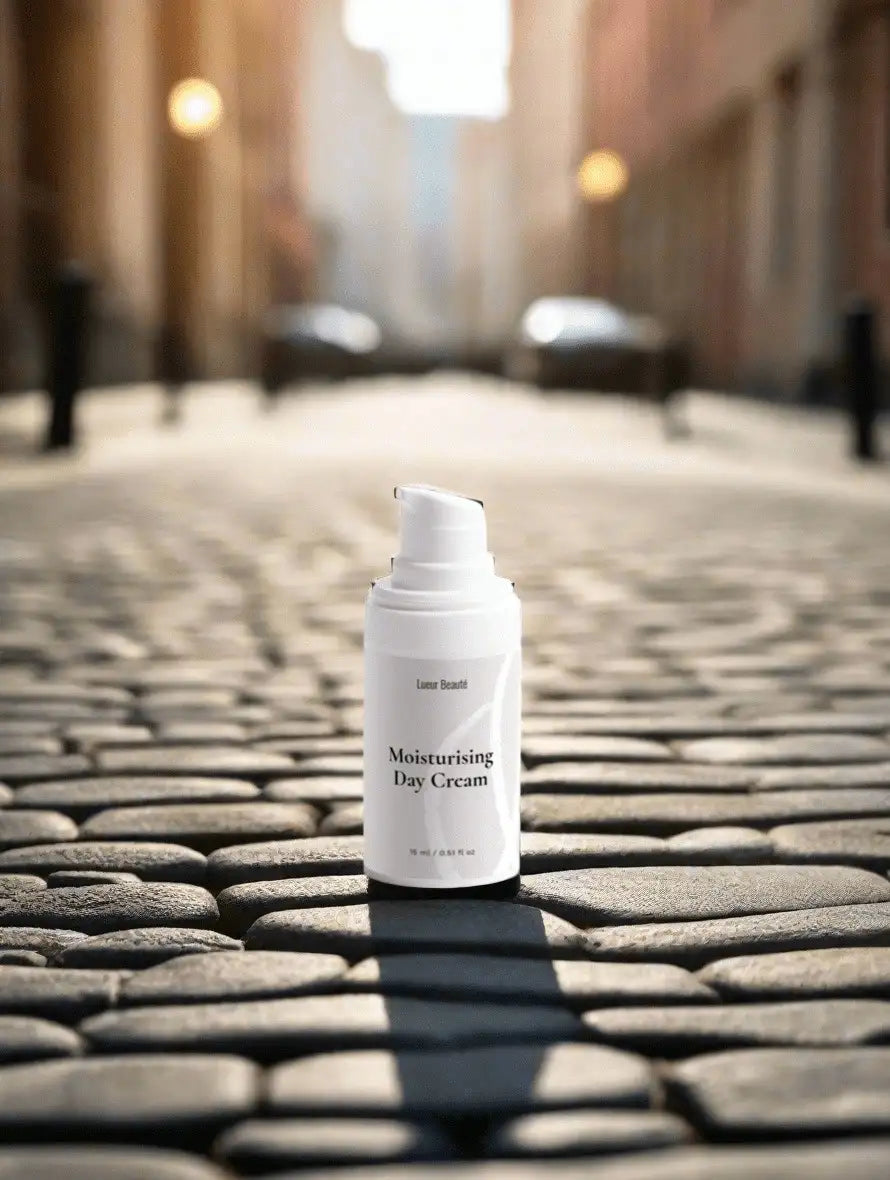 Lueur Beauté Moisturising Day Cream standing on cobblestone street with soft warm city light in background