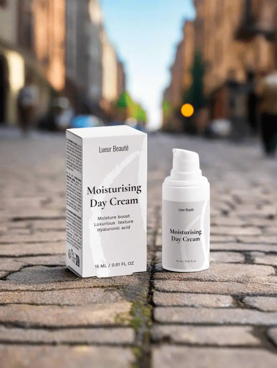 Lueur Beauté Moisturising Day Cream with box on cobblestone street in bright city background