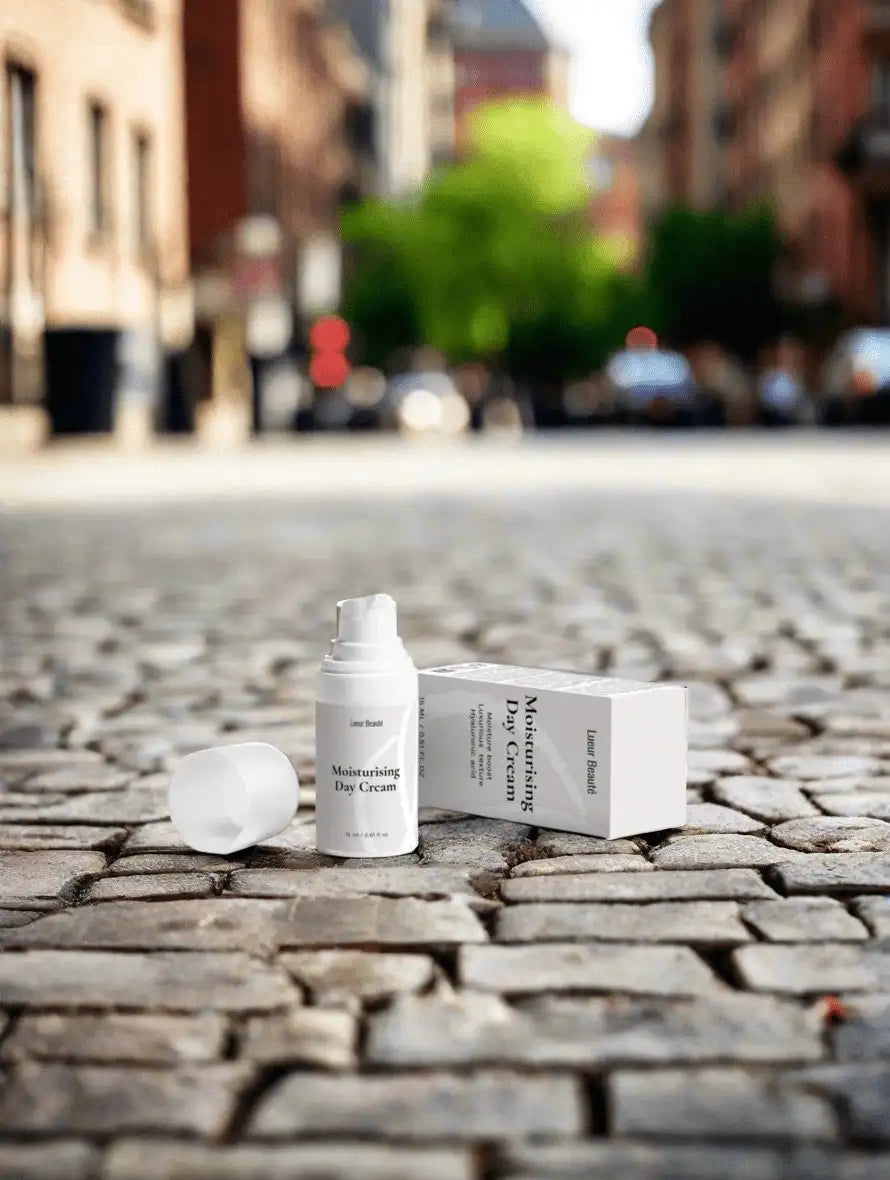 Lueur Beauté Moisturising Day Cream with open cap and box on a cobblestone street with blurred city background