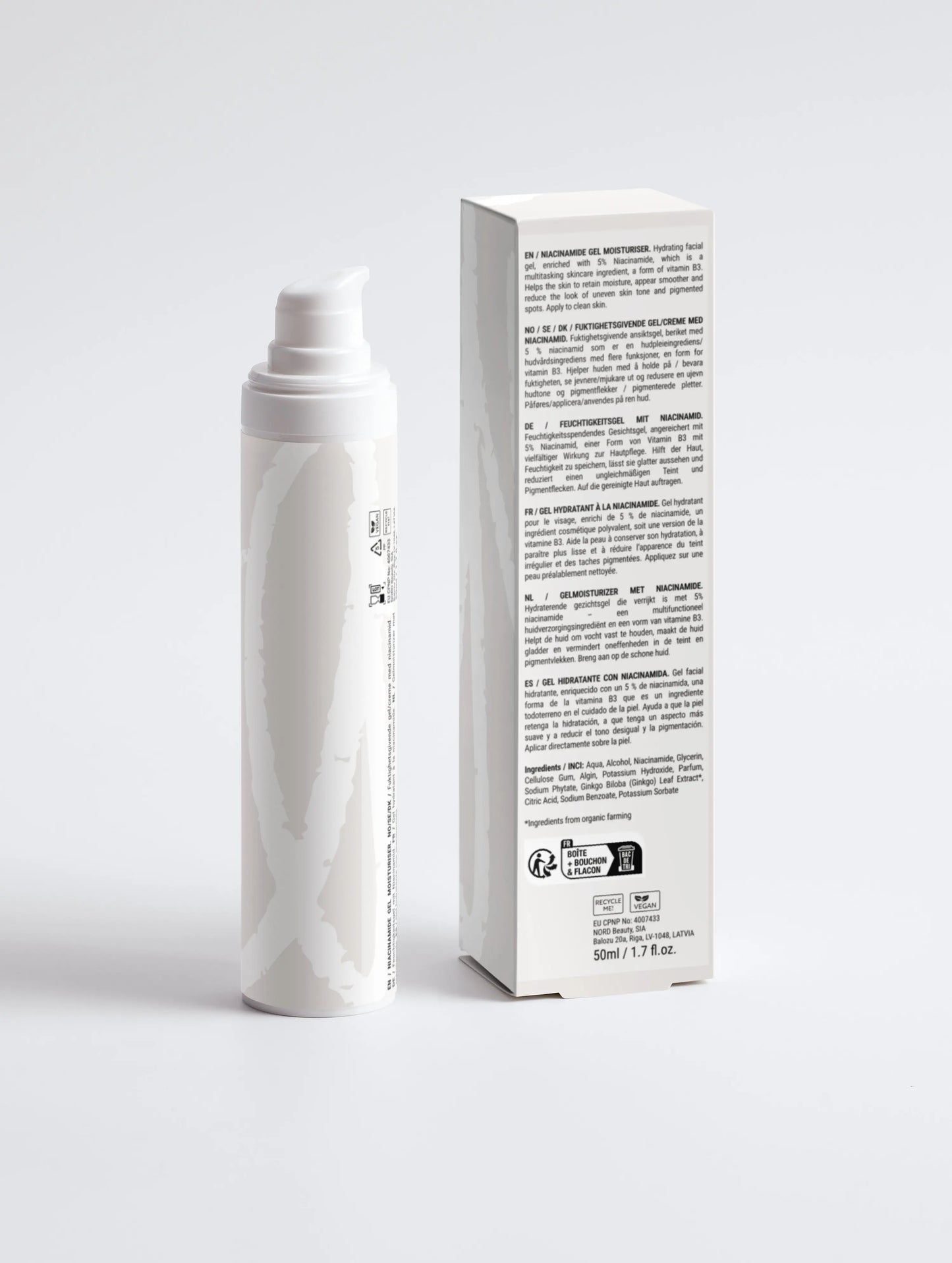 Niacinamide gel moisturiser packaging and bottle back view with ingredient information