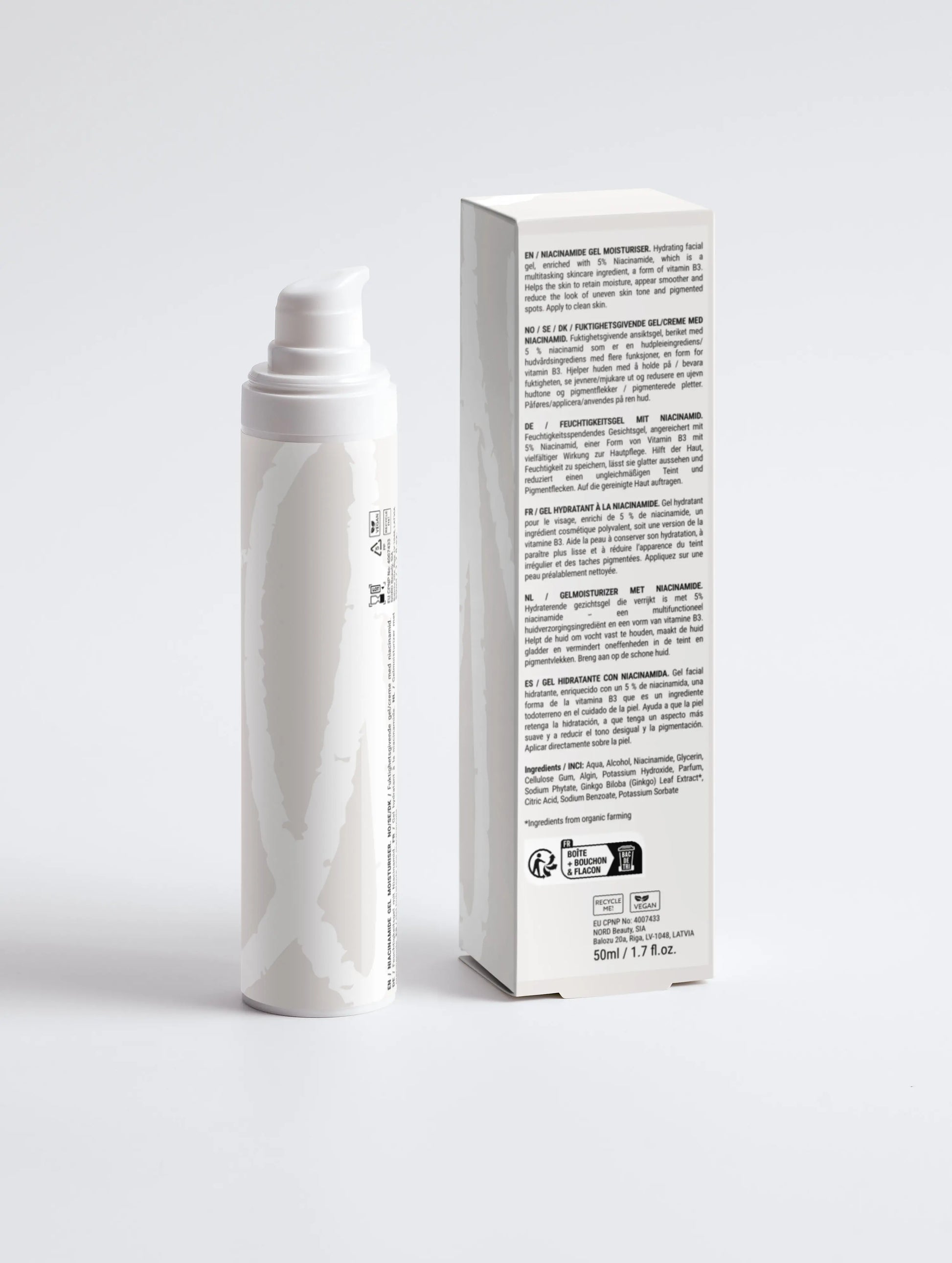 Niacinamide gel moisturiser packaging and bottle back view with ingredient information