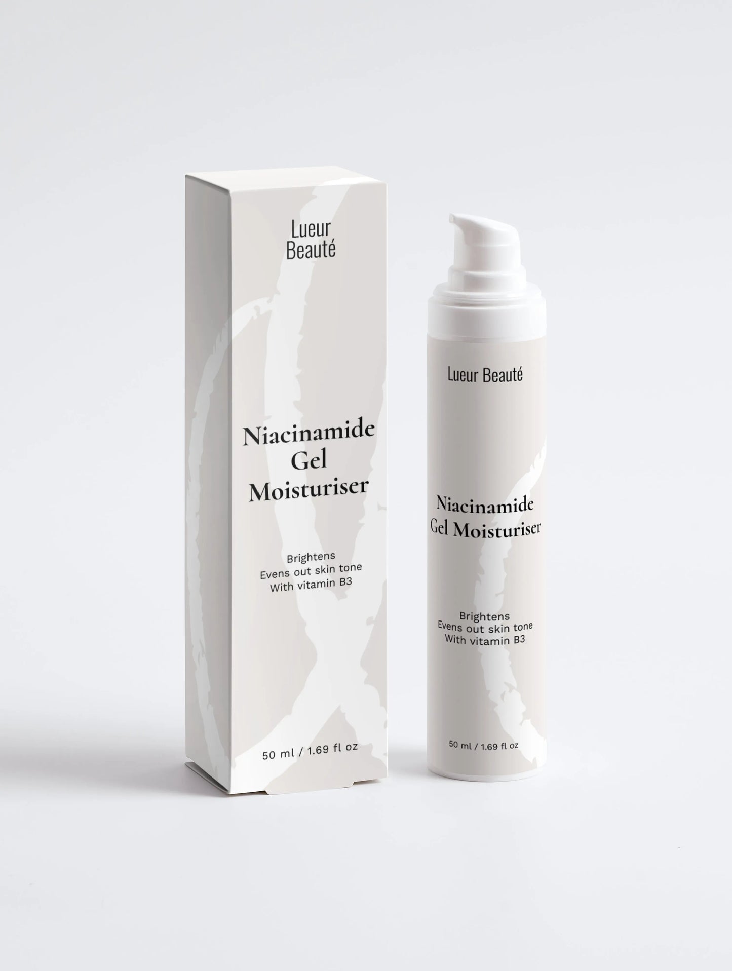 Niacinamide gel moisturiser with packaging box for brightening and evening skin tone