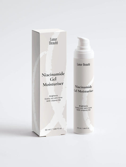 Niacinamide gel moisturiser with packaging box for brightening and evening skin tone