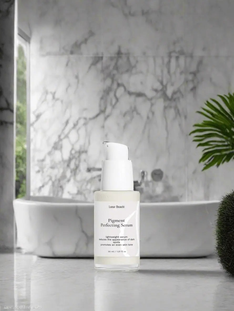 Lueur Beaute Pigment Perfecting Serum – bottle on a bathroom counter with marble wall and plant in the background