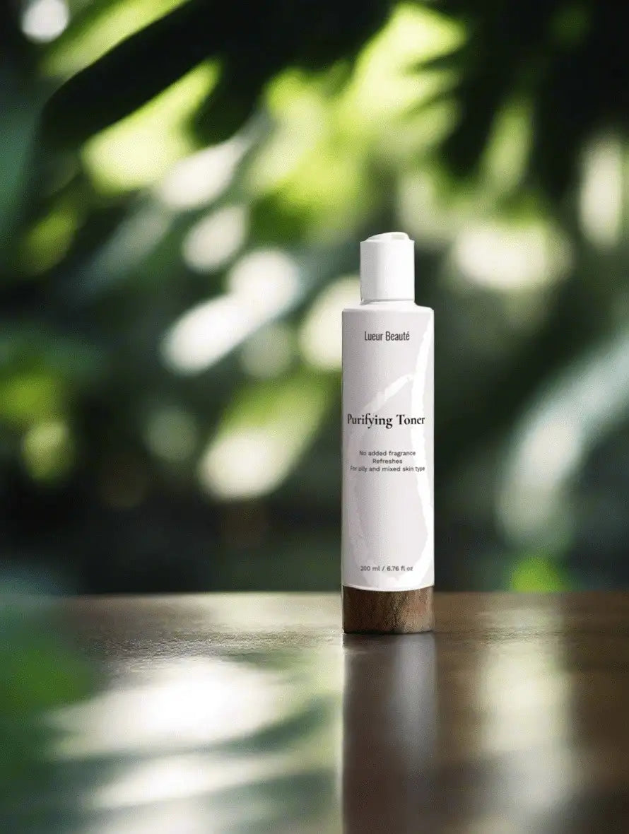 Lueur Beauté Purifying Toner standing on wooden surface with soft green forest light in background