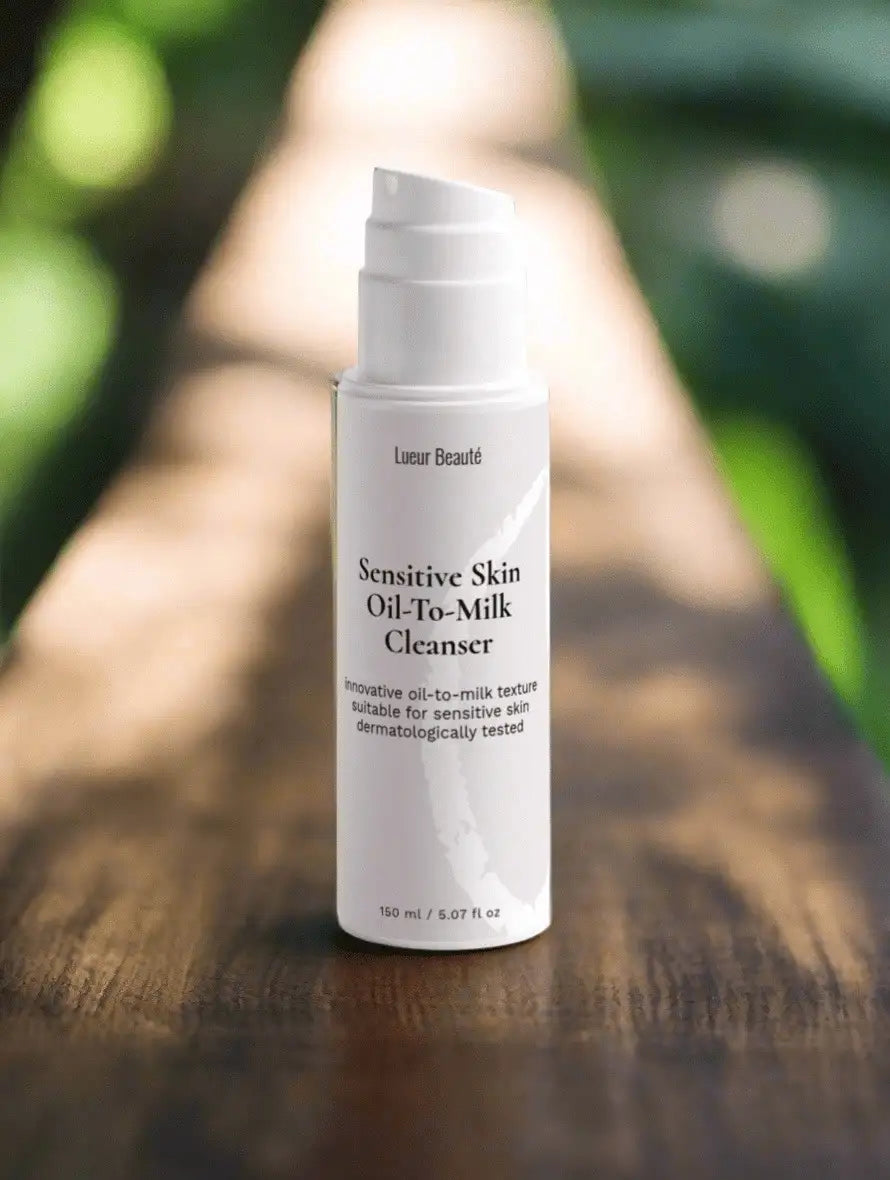Lueur Beauté Sensitive Skin Oil-To-Milk Cleanser on wooden surface with soft green forest bokeh background