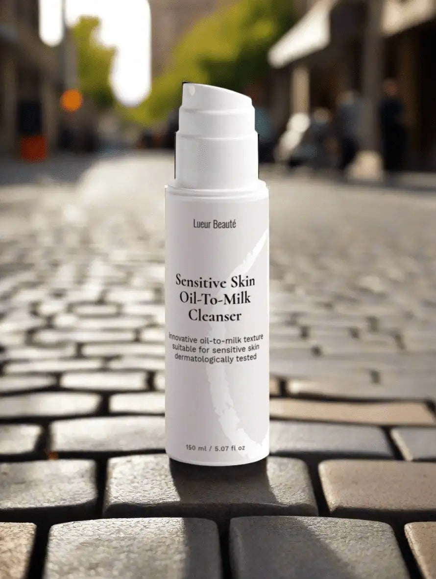 Lueur Beauté Sensitive Skin Oil-To-Milk Cleanser standing on cobblestone street with blurred city background