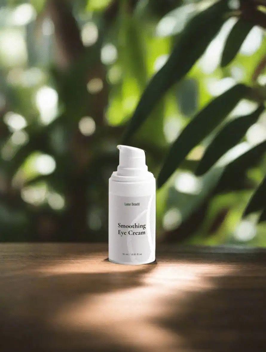 Lueur Beauté Smoothing Eye Cream standing on a wooden surface with soft forest light and blurred green leaves in the background