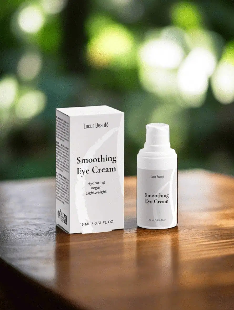 Lueur Beauté Smoothing Eye Cream with box placed on wooden surface with soft green forest bokeh background