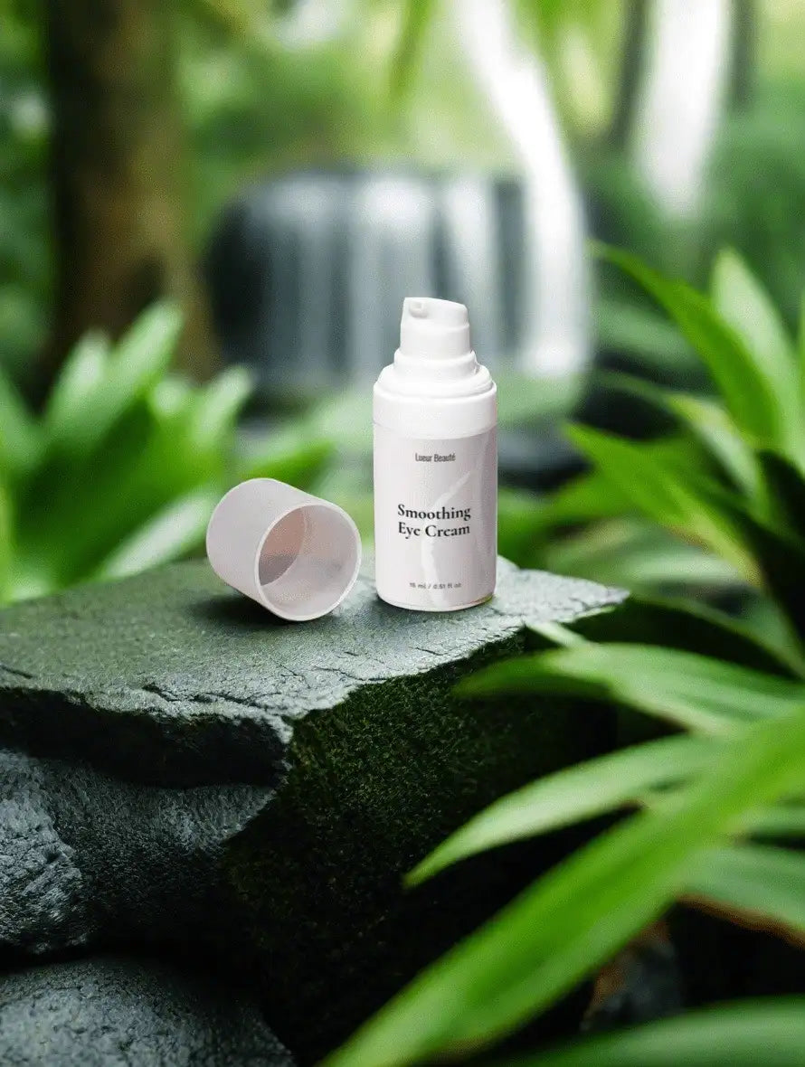 Lueur Beauté Smoothing Eye Cream with open cap on mossy stone surrounded by tropical green leaves, natural skincare photo