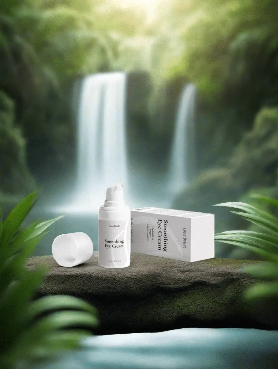 Lueur Beauté Smoothing Eye Cream with box placed on mossy rock in front of waterfall, natural skincare concept