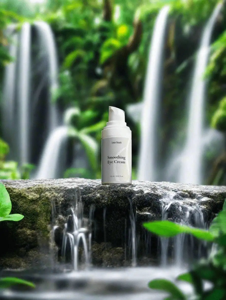 Lueur Beauté Smoothing Eye Cream placed on a mossy rock with cascading waterfall background, natural skincare concept