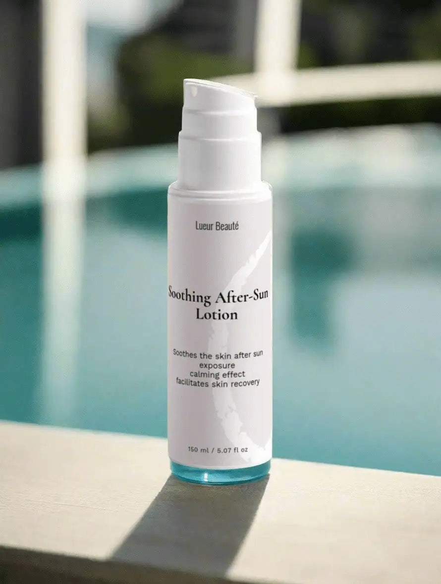 Lueur Beauté Soothing After-Sun Lotion bottle by the poolside in sunlight