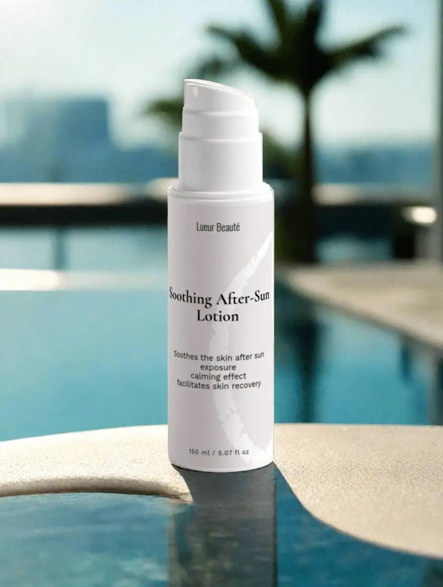 Lueur Beauté Soothing After-Sun Lotion bottle by the pool in sunlight