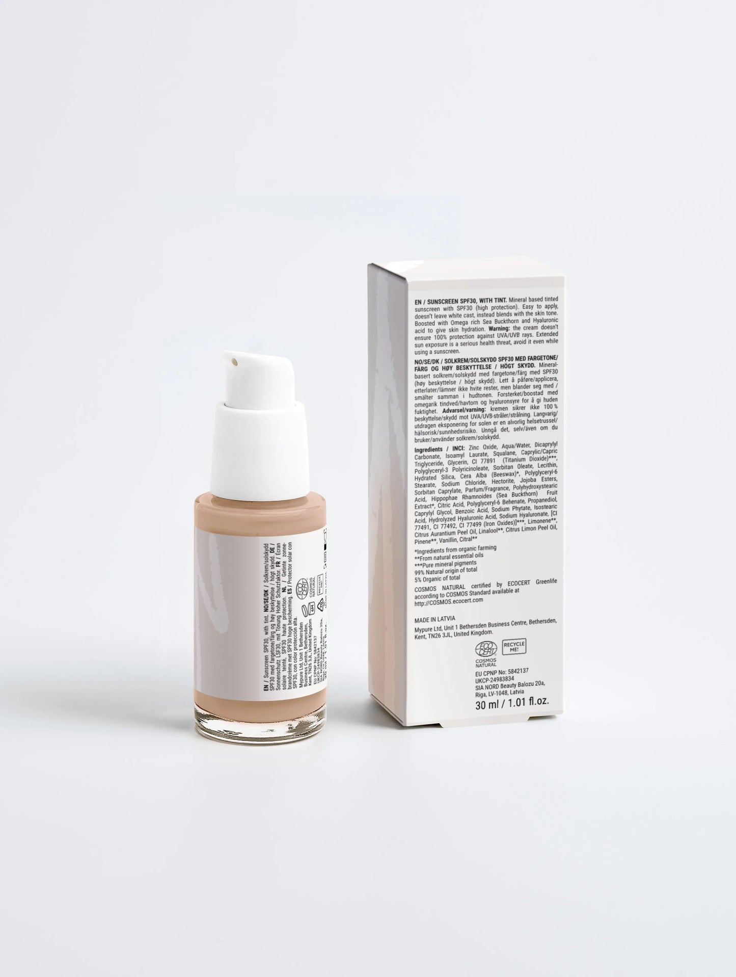 Back view of Lueur Beauté tinted mineral sunscreen SPF30 bottle and packaging showing ingredients and product information