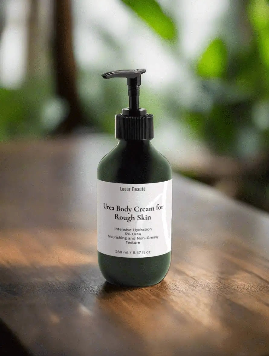 Lueur Beauté Urea Body Cream for Rough Skin bottle on a wooden surface with a natural green background