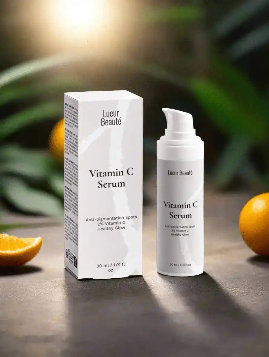 Lueur Beauté Vitamin C Serum bottle and packaging placed on a warm, sunlit surface with citrus slices and green leaves in the background.