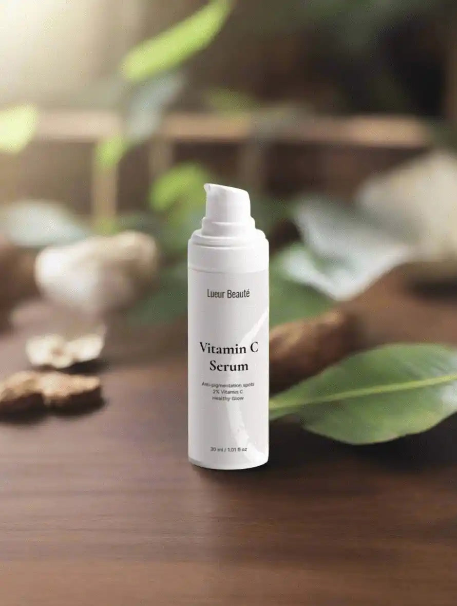 Lueur Beauté Vitamin C Serum on a wooden surface with natural leaves in the background